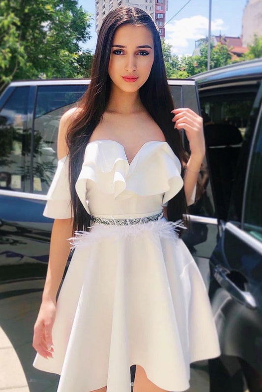 White sweetheart satin short prom dress white formal dress