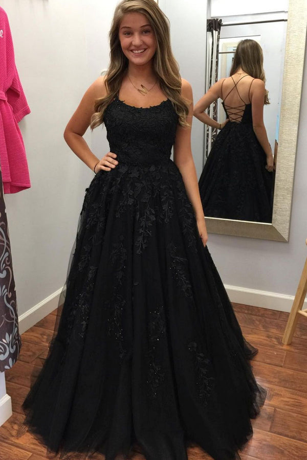 Black tulle lace long prom dress black tulle formal dress