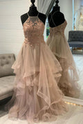 Champagne tulle lace long prom dress champagne formal dress