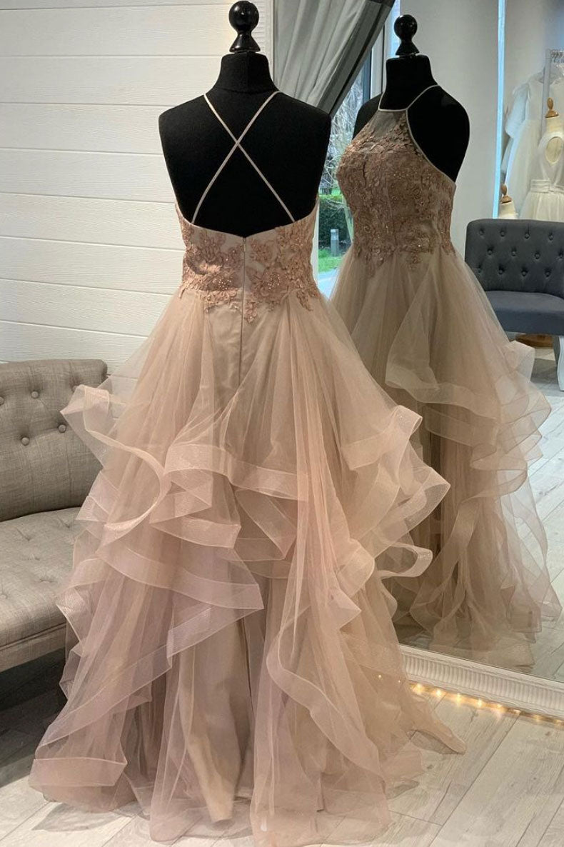 Champagne tulle lace long prom dress champagne formal dress