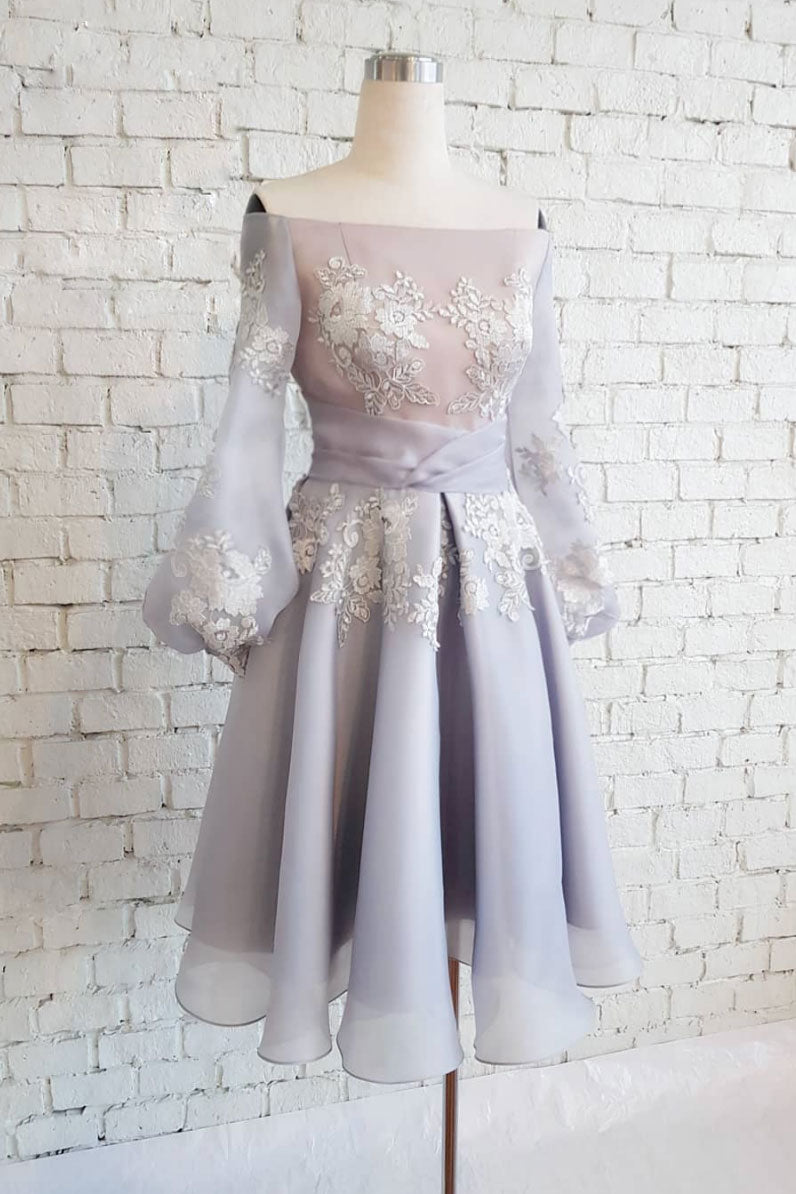 Cute chiffon lace short prom dress, gray homecoming dress