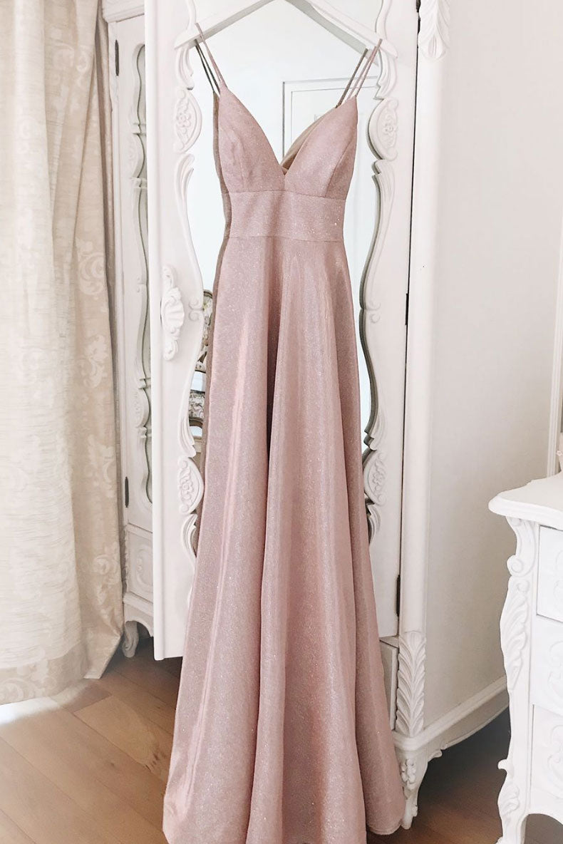 Simple v neck sequin long prom dress pink evening dress
