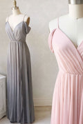 Simple v neck off shoulder pink prom dress, pink bridesmaid dress