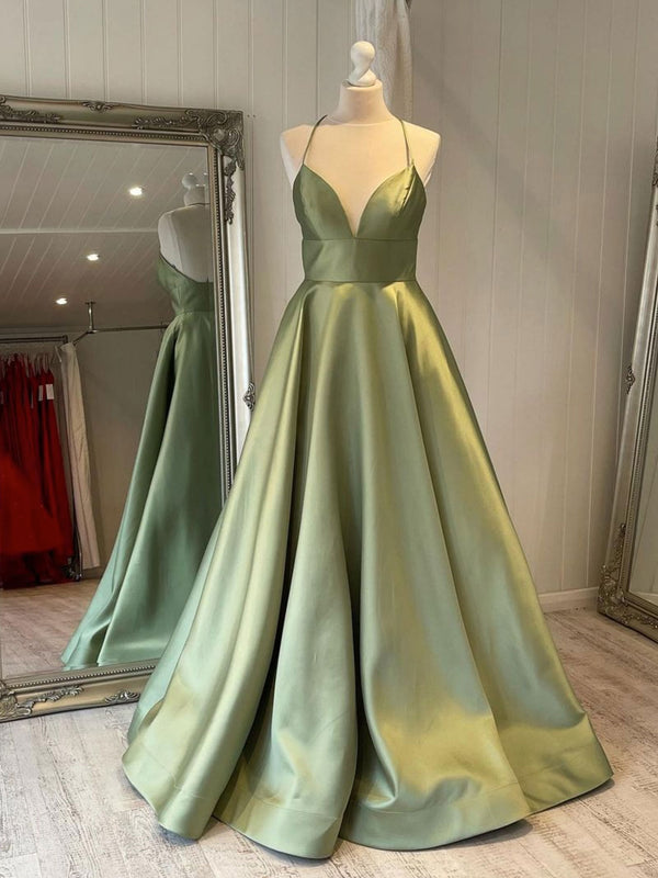 Simple v neck green satin long prom dress, green evening dress