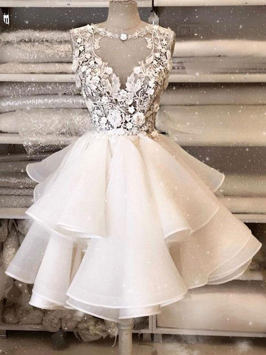 White round neck tulle lace short prom dress, white homecoming dress