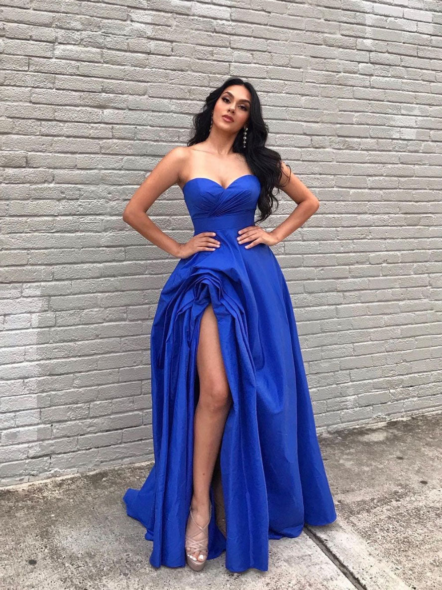 Simple blue satin long prom dress, blue evening dress