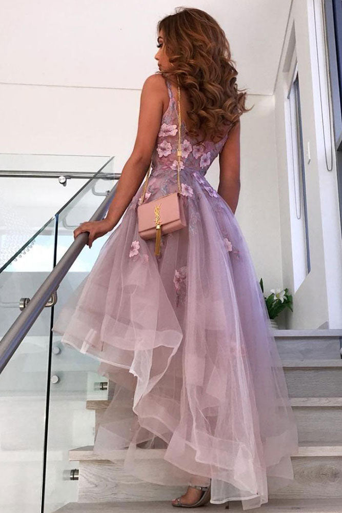Purple tulle lace high neck prom dress lace homecoming dress