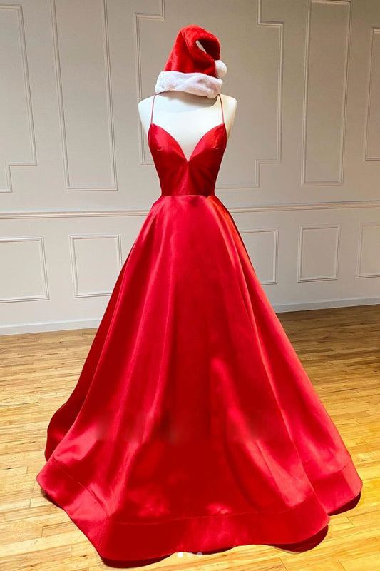 Red v neck satin long prom dress red satin evening dress