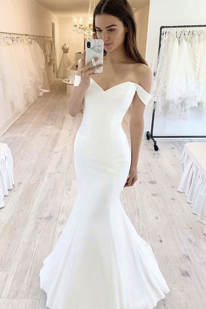 Simple white satin mermaid long prom dress white evening dress
