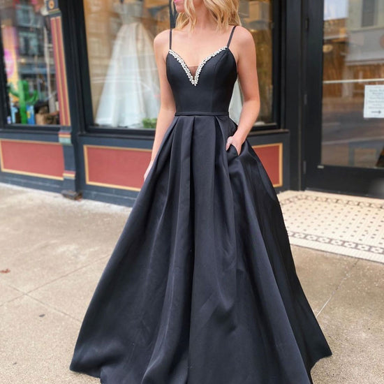 Simple black satin long prom dress, black satin evening dress