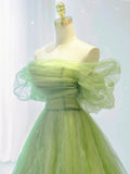 Green A line tulle long prom dress, green tulle formal evening dress