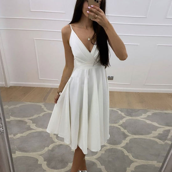 white dress v neck Simple white v neck short prom dress, white homecoming dress – dresstby