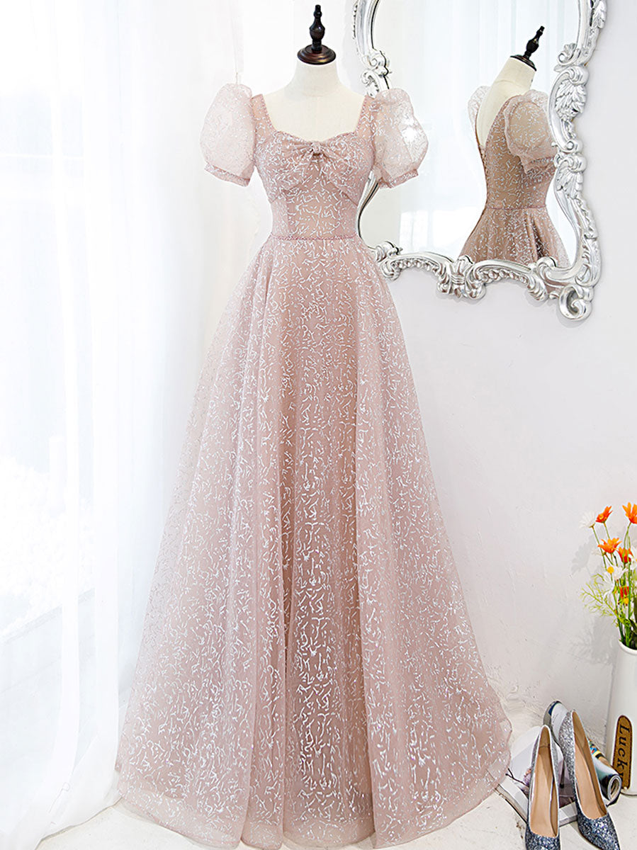 Simple tulle sequin long prom dress, tulle long evening dress