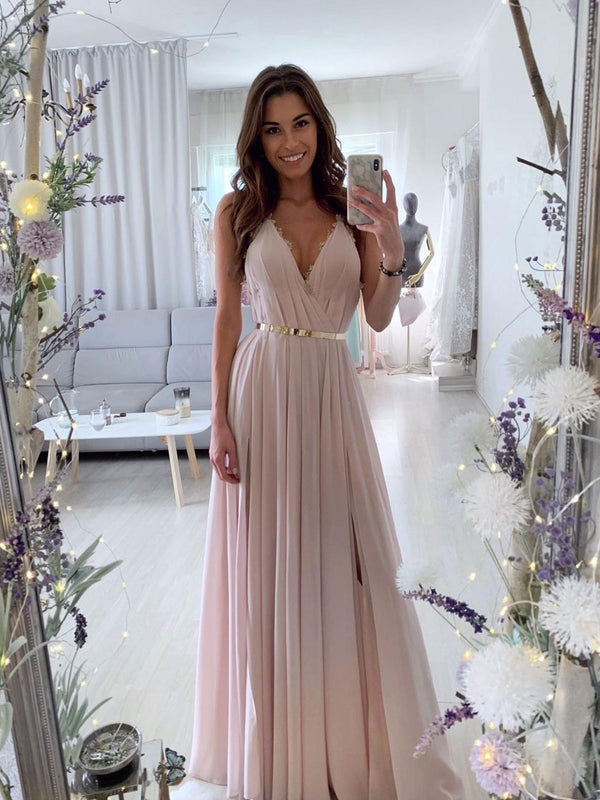 Simple v neck chiffon pink long prom dress, A line evening dress