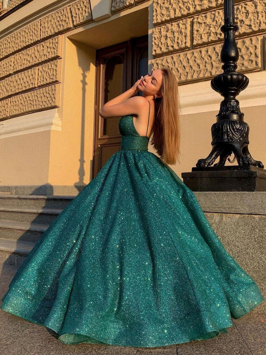 Green v neck sequin long prom dress, green formal dress