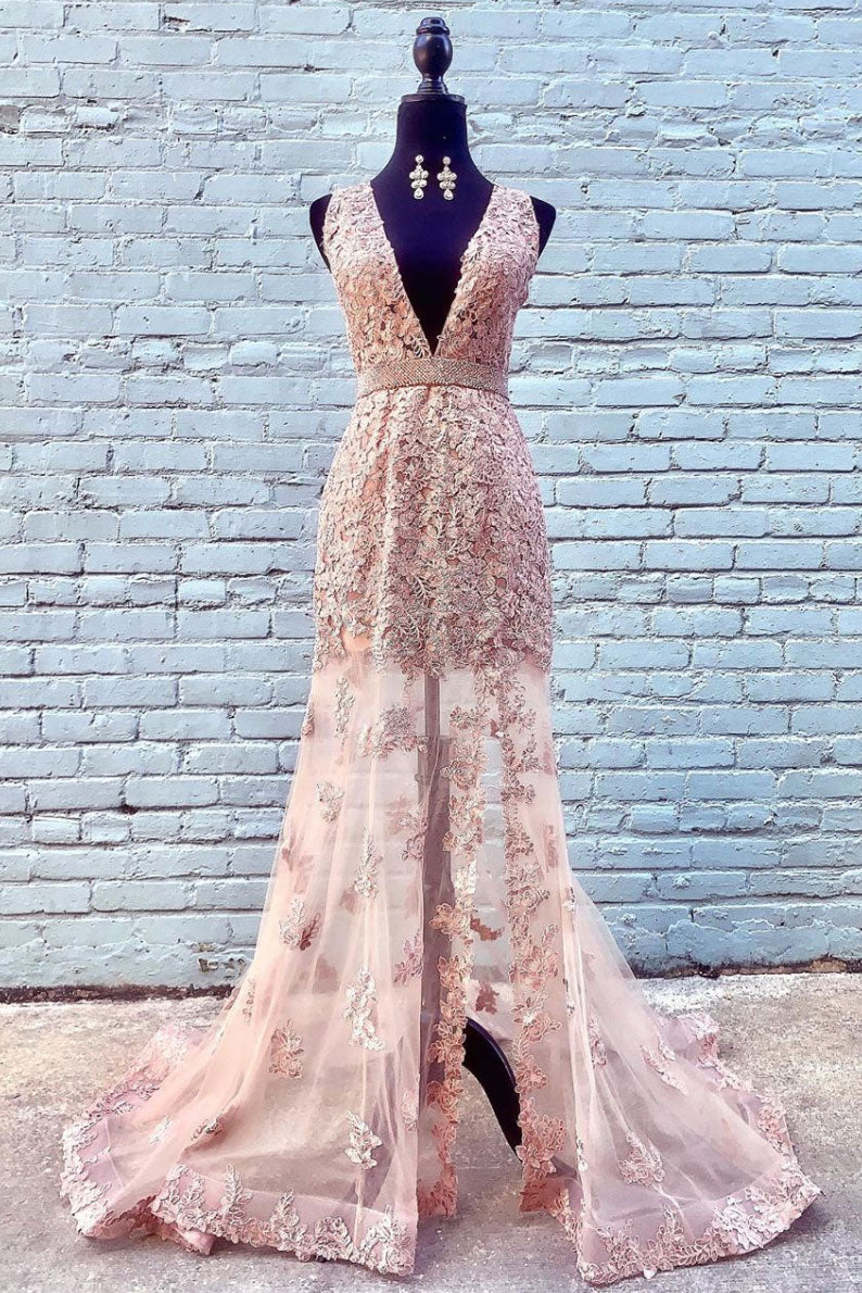 Pink v neck tulle lace long prom dress pink lace evening dress