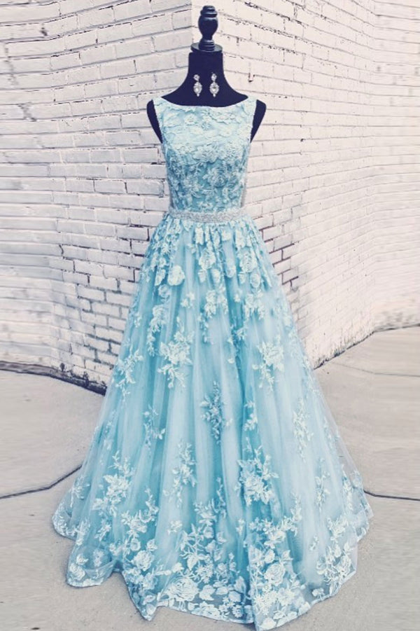 Blue round neck tulle lace long prom dress blue evening dress