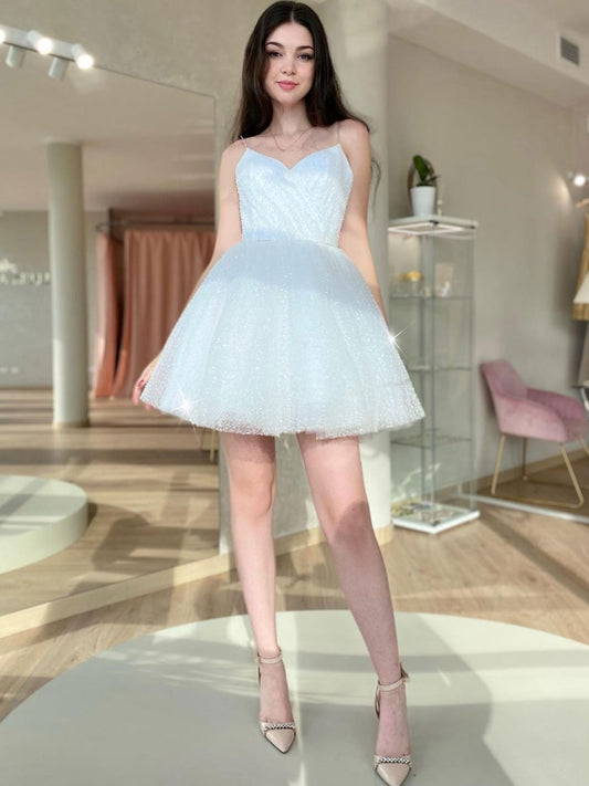 A line Puffy White Short Prom Dresses, White Homecoming Dresses