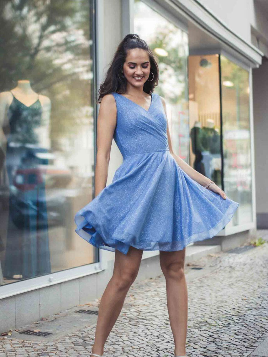 Simple v neck tulle short prom dress, blue tulle homecoming dress