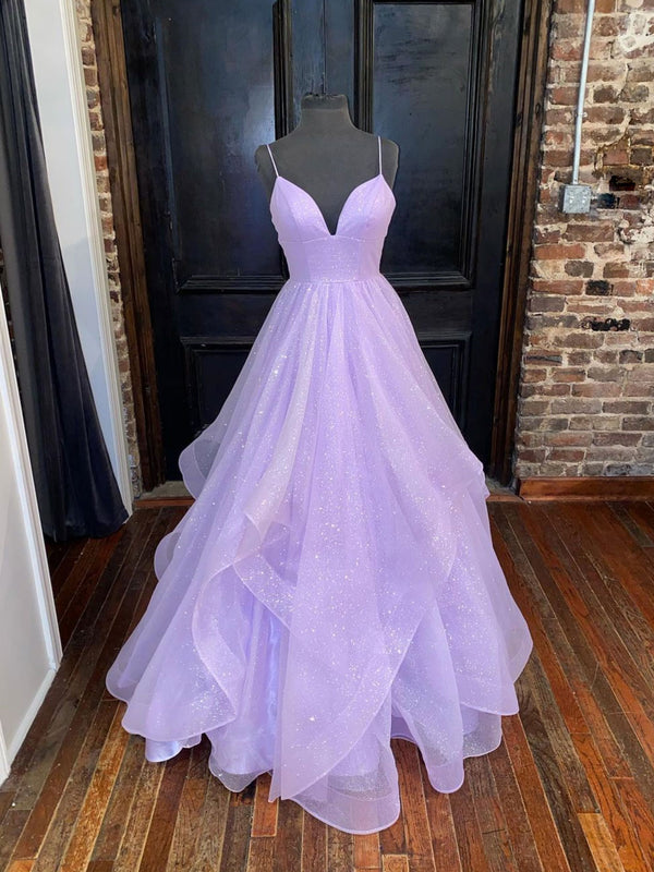 Simple purple tulle sequin long prom dress, purple evening dress