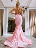 Simple pink satin mermaid long prom dress, pink evening dress