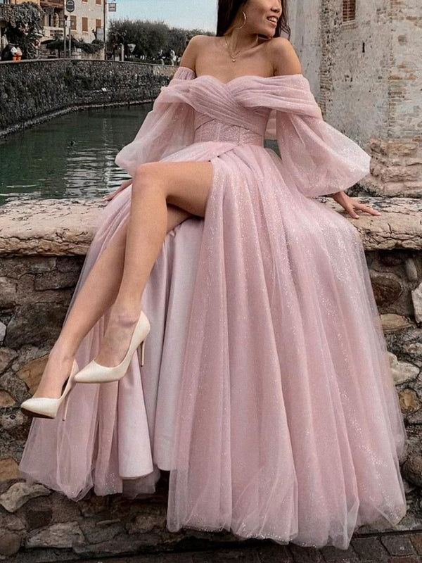 Pink tulle long prom dress, pink tulle long evening dress