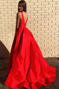 Simple red v neck satin long prom dress red formal dress