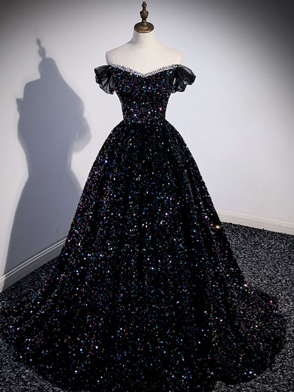 A-Line Sequin Black Long Prom Dress, Off Shoulder Black Evening Dress dresstby A-Line Sequin Black Long Prom Dress, Off Shoulder Black Evening Dress dresstby