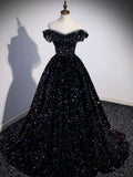 A-Line Sequin Black Long Prom Dress, Off Shoulder Black Evening Dress