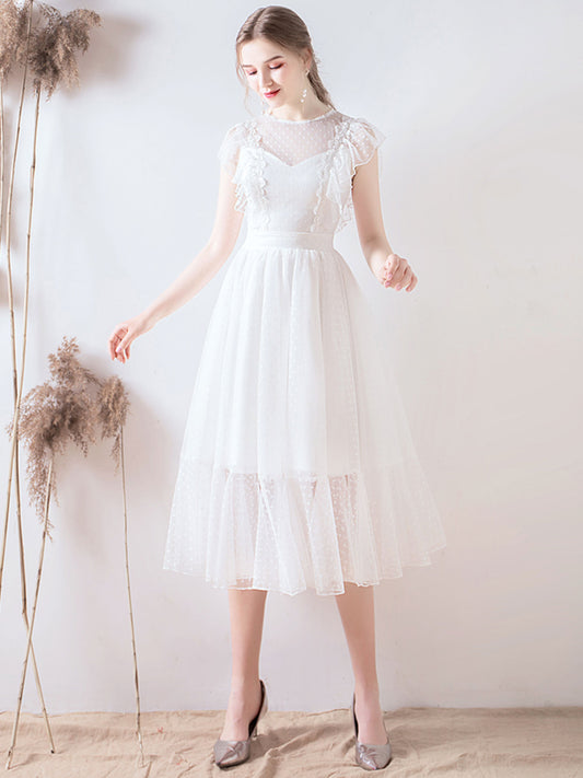 White round neck tulle lace short prom dress, lace bridesmaid dress