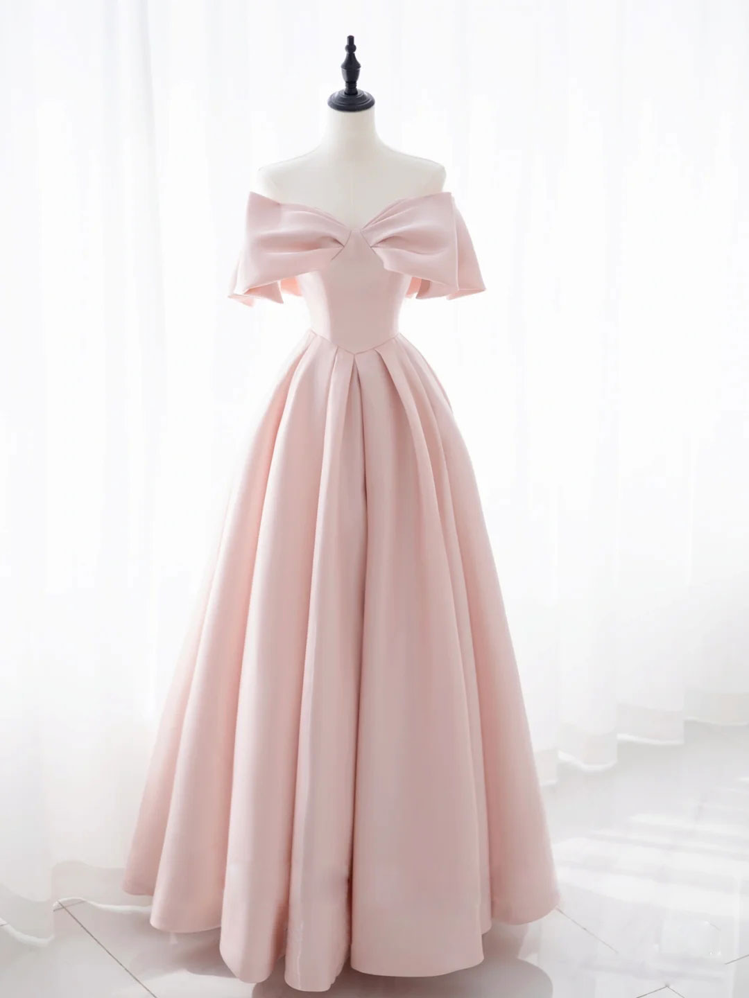 Simple pink satin long prom dress, pink A line evening dress