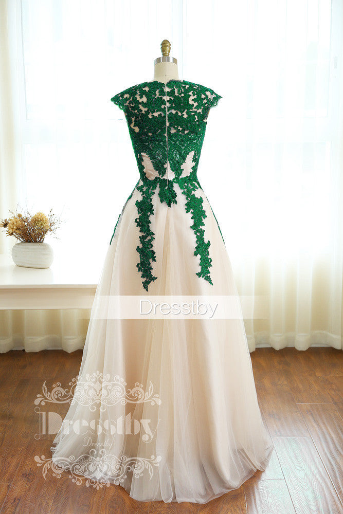 Green lace long prom dress, green bridesmaid dress