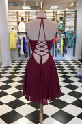 Simple burgundy chiffon short prom dress, burgundy homecoming dress