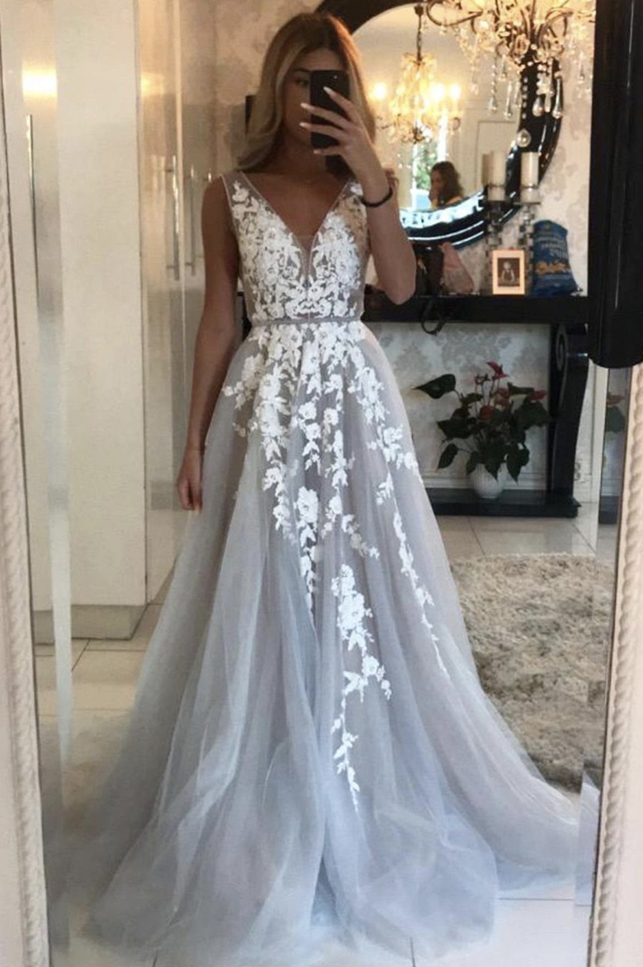 gray lace tulle formal dress