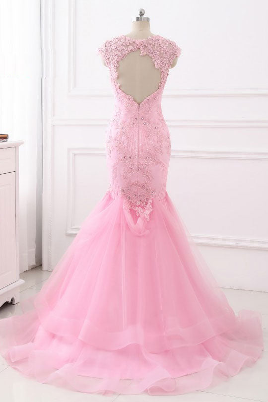 Unique pink lace mermaid long prom dress, pink evening dress