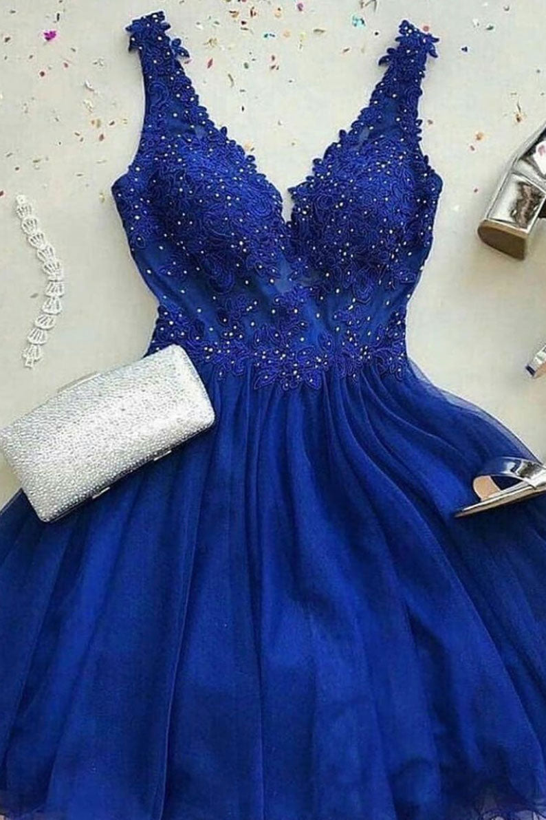 Blue v neck tulle lace short prom dress, blue bridesmaid dress