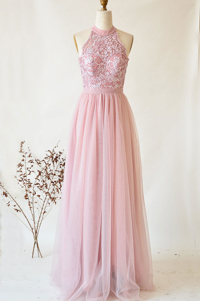 Pink tulle lace long prom dress, pink tulle lace evening dress