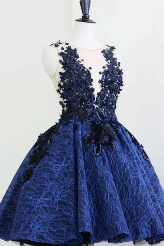 Blue round neck lace short prom dress, blue lace evening dress