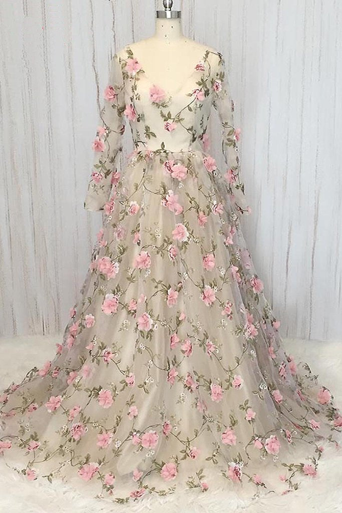 Unique round neck tulle 3D applique long prom dress, tulle evening dress