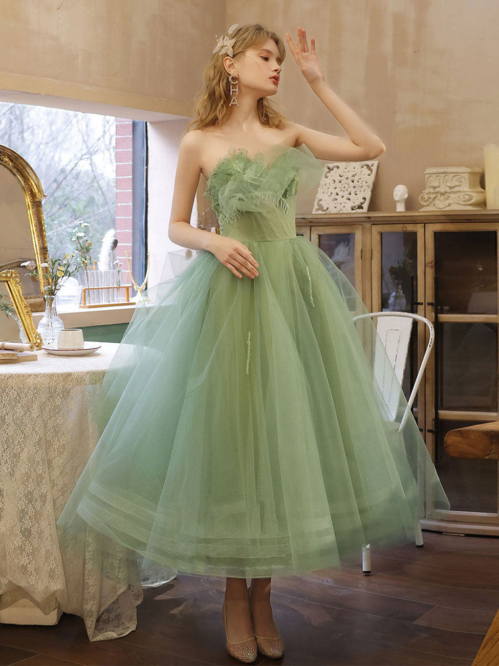 Green Sweetheart Neck Tea Length Tulle Prom Dresses, Short Green Sweet 16 Dress