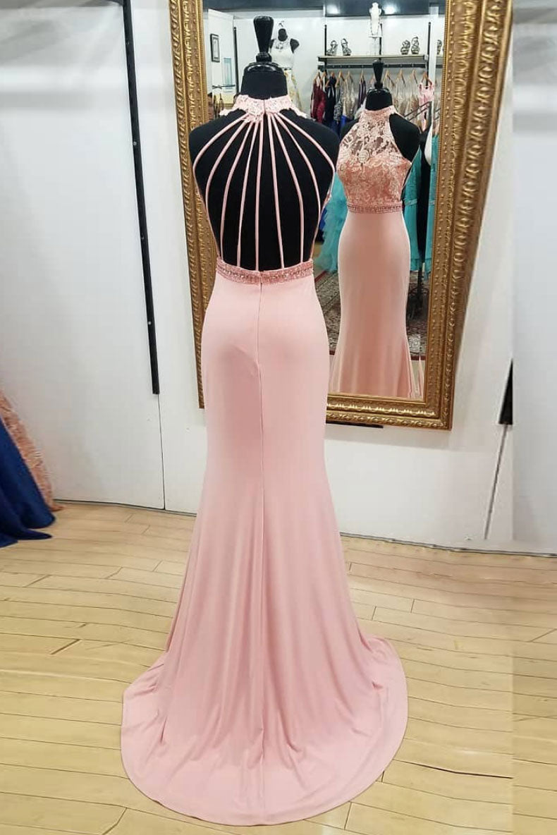 Pink mermaid lace long prom dress, pink mermaid evening dress