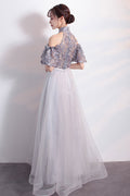 Gray tulle lace applique long prom dress, gray bridesmaid dress