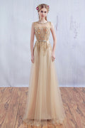 Champagne round neck tulle lace long prom dress, lace evening dress