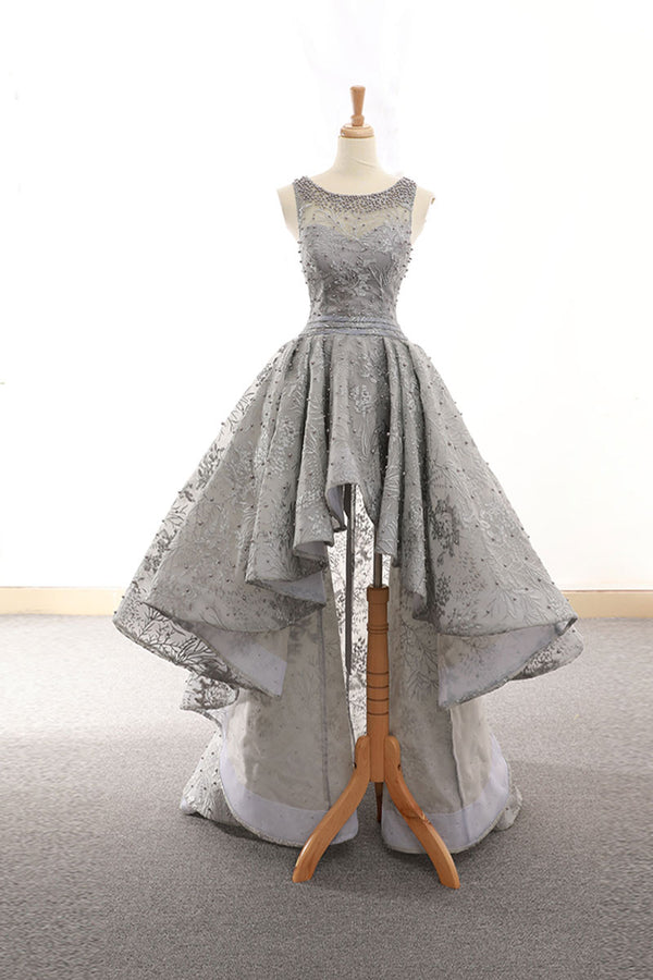 Gray tulle lace high low prom dress lace homecoming dress