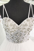 White sweetheart neck tulle beads long prom dress, white evening dress