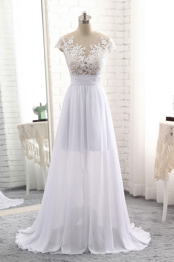 White round neck lace long prom dress, white evening dress