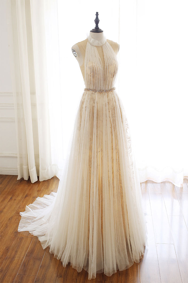 Light champagne tulle lace long prom dress, formal dress