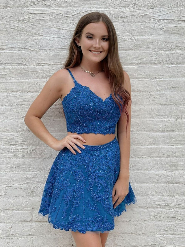 Blue lace short prom dress, blue homecoming dress