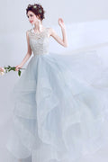 Unique gray round neck tulle long prom dress, gray evening dress