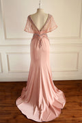 Unique pink beads chiffon long prom dress. pink evening dress